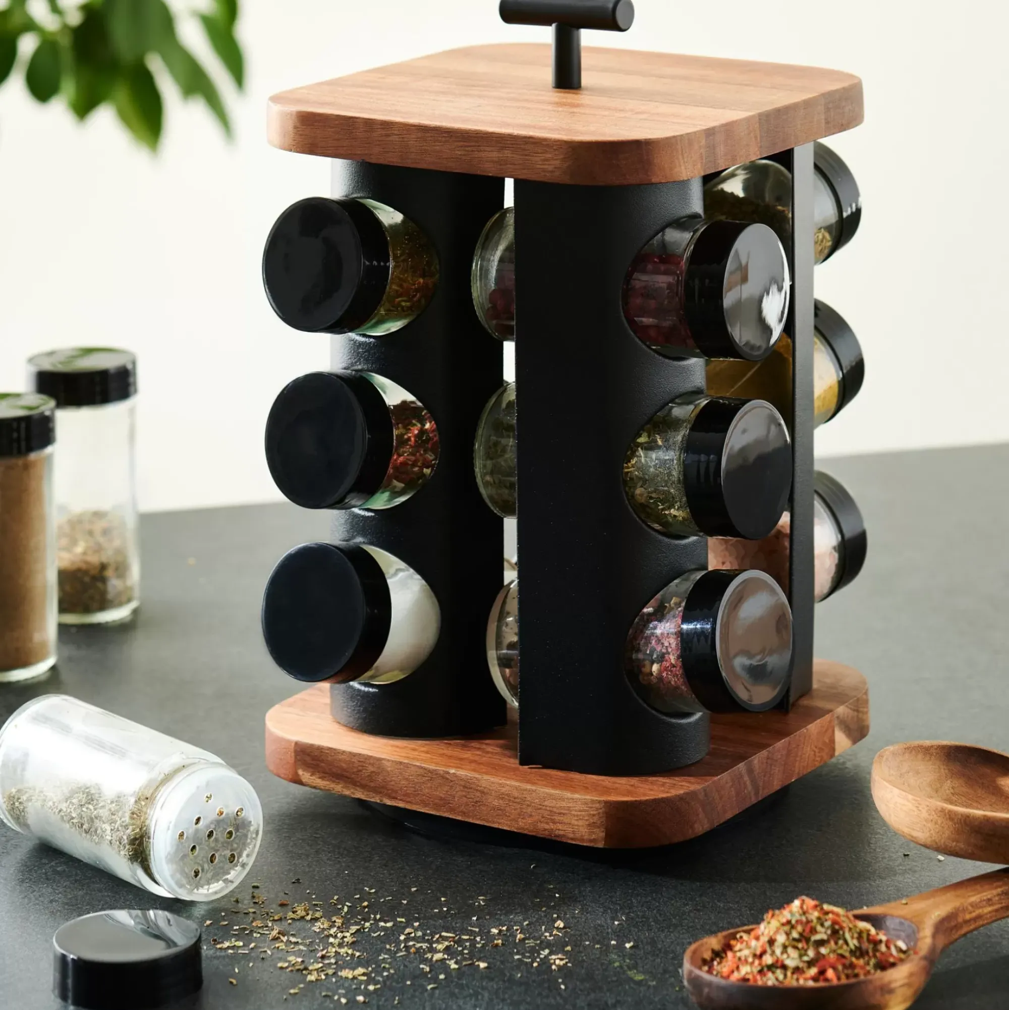 CASA Acacia Lux Carrusel De Hierbas 12 Botes Rotacion De 360° Negro, Natural Fashion